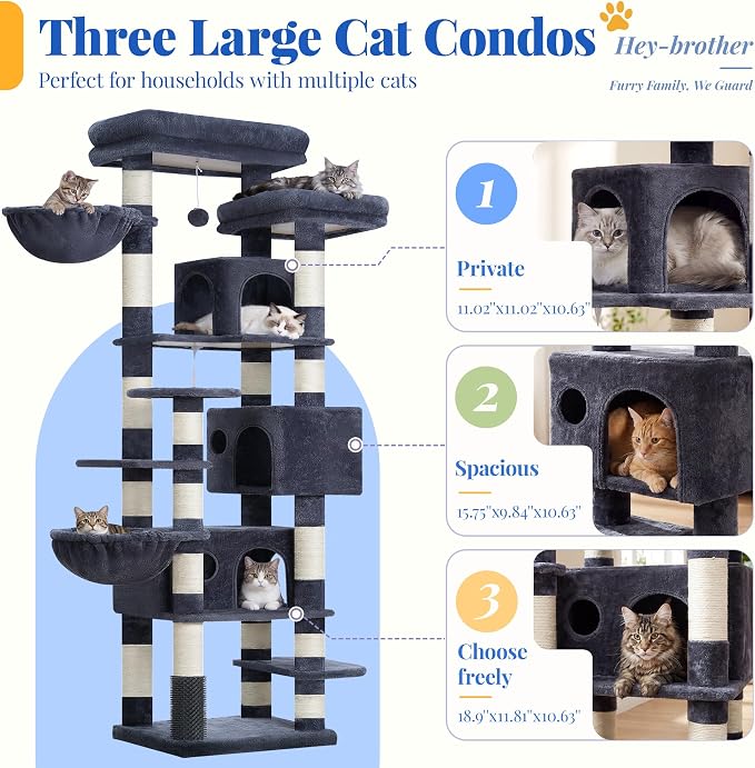 Hey-brother Cat Tree, 74 inches Multi-Level XL Large Cat Tower for Indoor Cats with Three Cat Condos, Two Large Top Decks and Cat Hairbrushfor Kittens, Cats and Pets, Smoky Gray MPJ035-MG