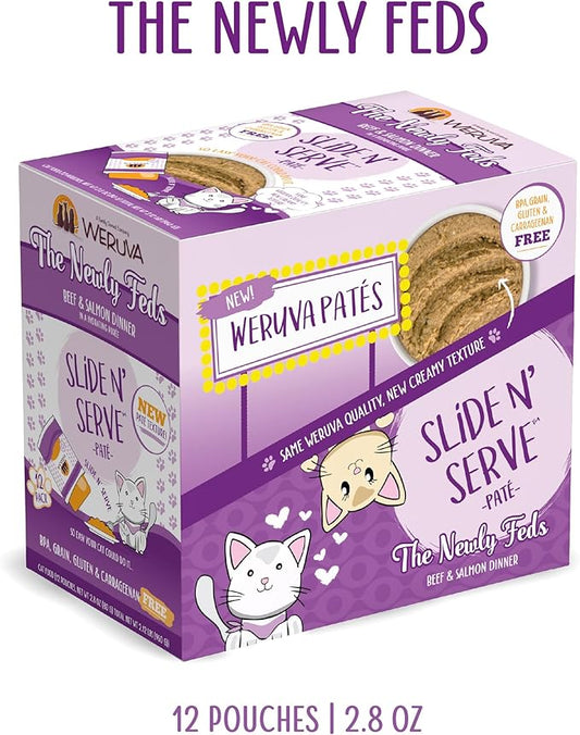 Weruva Wet Cat Food, The Newly Feds with Beef and Salmon Pate, 2.8oz Slide N Serve Pouch, Pack of 12