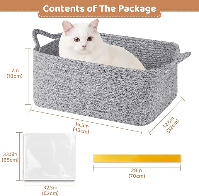 OIASKET Large Empty Gift Baskets for Baby Shower, 16.5" L x 12.6" W x 7" H Cute Woven Storage Basket with Gift Bags and Ribbons, Small Rope Toy Basket with Handles, Cat Dog Pet Toy Organizer - Grey