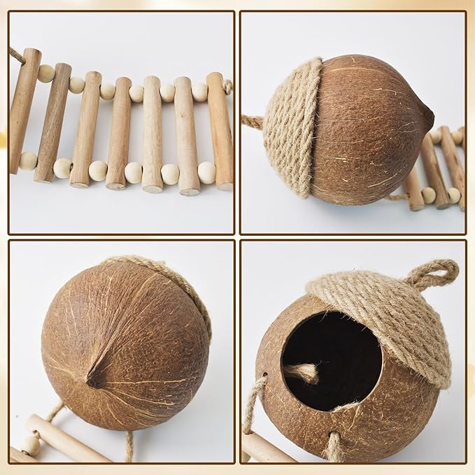5 PCS Gecko Tank Accessories,Gecko Coconut Hide with Ladder Reptile Terrarium Plants Hammock Climbing Flexible Jungle Vine Tank Decor for Crested Gecko,Baby Bearded Dragon,Chameleon,Snake