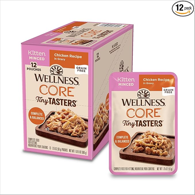 Wellness CORE Tiny Tasters Minced Kitten Wet Cat Food, Natural, Protein Rich, Grain Free, Chicken Recipe, 1.75 oz, Pack of 12 Pouches
