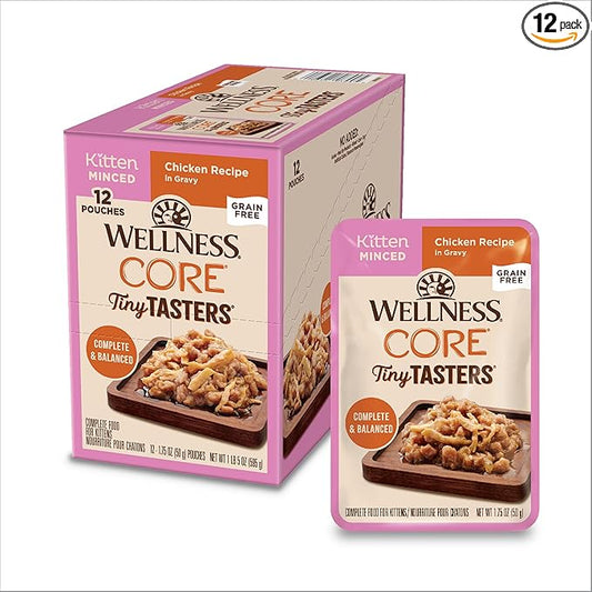 Wellness CORE Tiny Tasters Minced Kitten Wet Cat Food, Natural, Protein Rich, Grain Free, Chicken Recipe, 1.75 oz, Pack of 12 Pouches