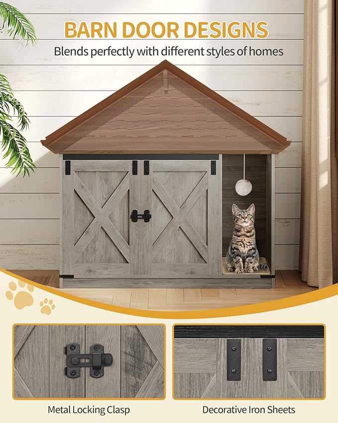Hzuaneri Cat Litter Box Enclosure, Hidden Litter Box Cabinet Furniture with Bell, Indoor Cats House, Farmhouse Style, 39.4 x 21.7X 24.8 Inches, for Hallway, Bedroom, Greige CB85205X