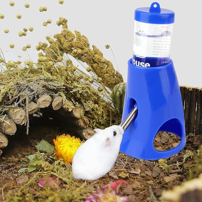 Hypeety Hamster Water Bottle with Base Hamster Automatic Water Dispenser Cage Accessories for Dwarf Hamster Mouse Rat Hedgehog Guinea Pig 80ML (Blue, 80ml)