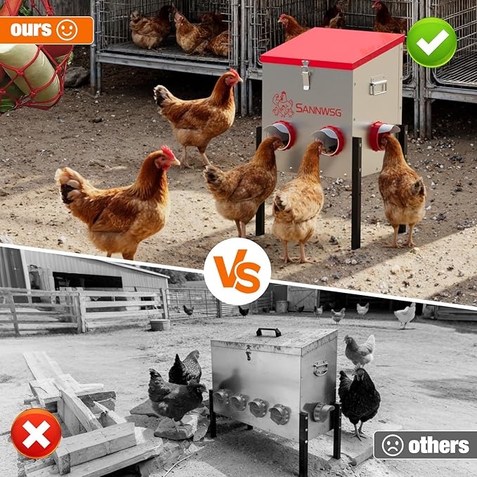 Chicken Feeders,30 lb Capacity 6 Port Automatic Chicken Feeder, Metal Chick Feeder with Locking Lid and Legs, Chicken Feeder for Chickens, Ducks, Geese