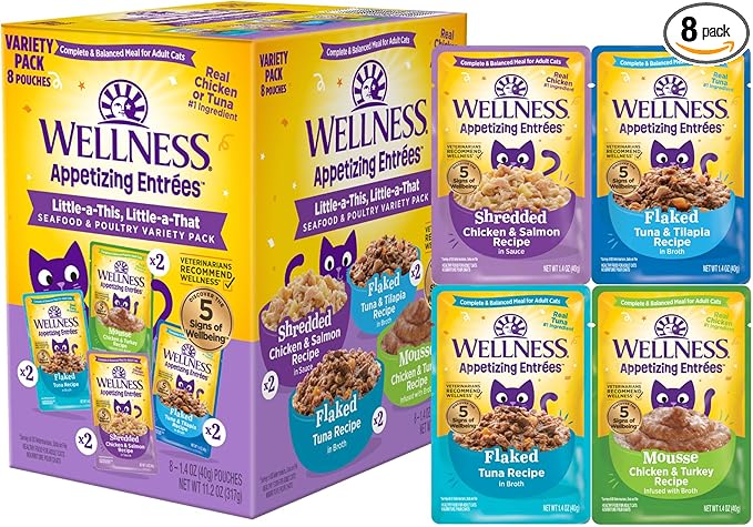 Wellness Appetizing Entrées Flaked, Shredded and Mousse Variety Pack Adult Wet Cat Food, Natural, Protein-Rich, Grain Free, Seafood & Poultry Recipes, 1.4 oz, Pack of 8 Pouches