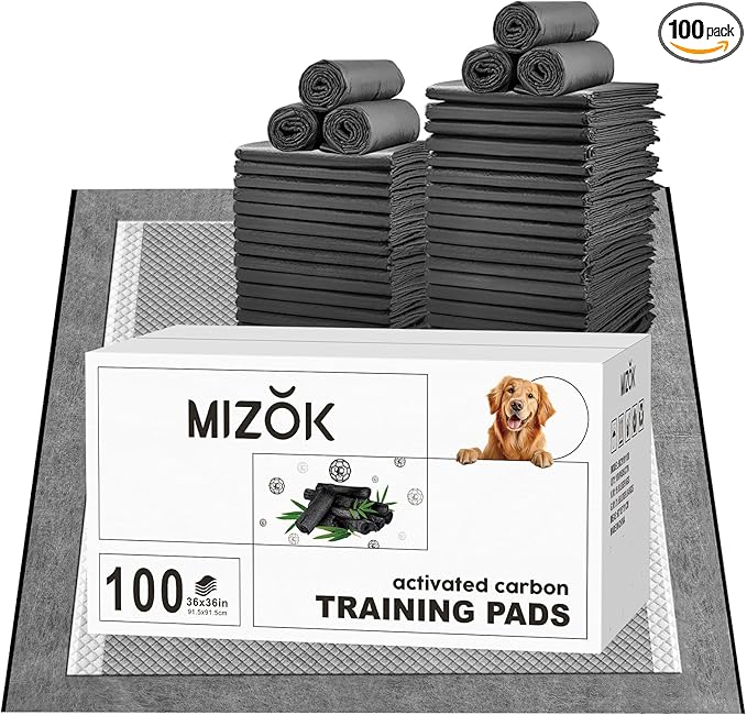 MIZOK Charcoal Dog Pee Pads Activated Carbon 36x36in Dog Pads Odor Control Up to 11 Cups of Liquid Super Absorption Pee Pads for Dogs Quick Dry & Leak-Proof Puppy Pads (100 Counts)