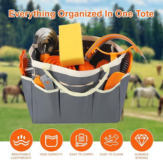 Professional Horse Brush Kit with Storage Tote, 12-Piece Grooming Set for Daily Stable Care, Includes Curry Comb, Hoof Pick & Mane Brush