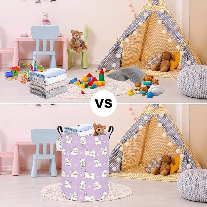 Storage Basket, Nursery Hamper Canvas Laundry Basket Foldable with Waterproof PE Coating Large Storage Baskets for Kids Boys and Girls, Office, Bedroom, Clothes,Toys(Cat)