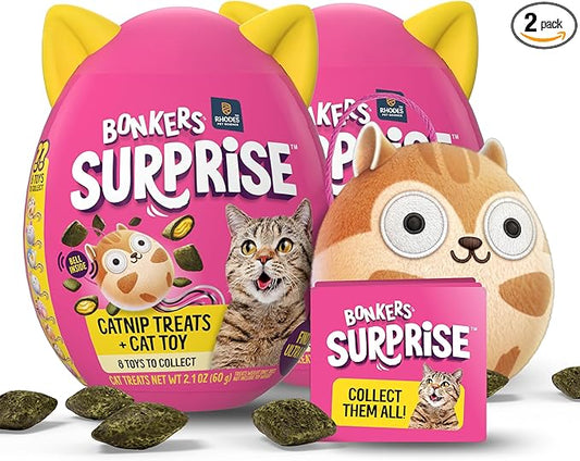 Bonkers Cat Surprise Catnip Flavor Cat Treats with Toy Surprise, 100g Egg Case with Blind Box Cat Toy (1 of 8 Collectible Toys) (Pack of 2)