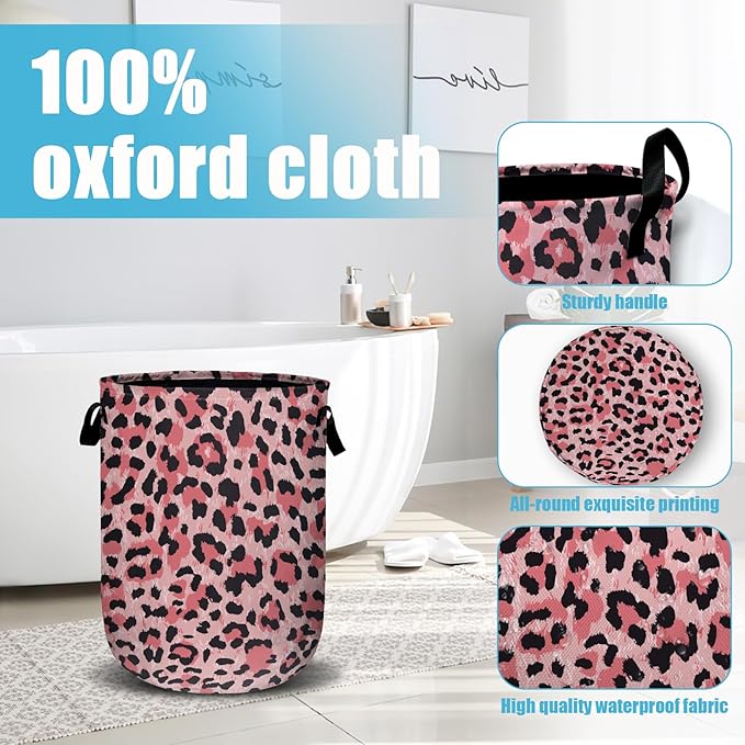 Pink Leopard Laundry Basket, Laundry Hamper Collapsible Oxford Cloth with Handle Clothes Storage Bin for Bathroom Laundry Room Bedroom 15.7 X 20 Inch