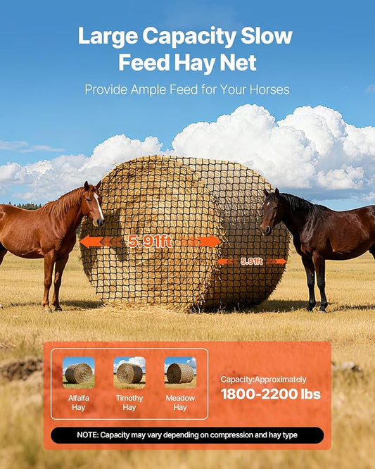 VEVOR Round Bale Hay Net, 5.91 x 5.91 x 5.91 ft, 1.65 inch Holes, PE Material, Knotless Design, with Zip Ties, Needle Shuttle, Repair Twine and Storage Bag, Slow Feeder Round Bale Net for Horses
