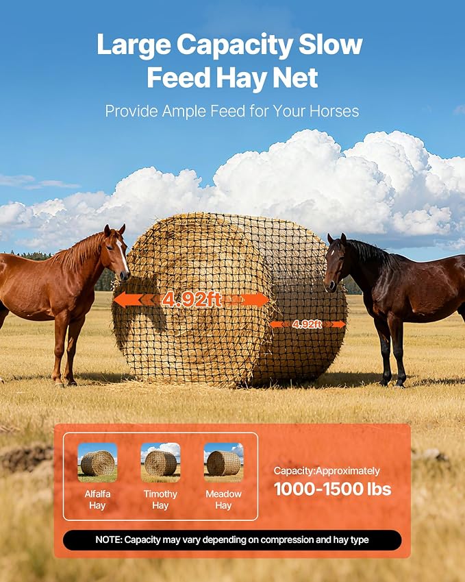 VEVOR Round Bale Hay Net, 4.92 x 4.92 x 4.92 ft, 1.75 inch Holes, PE Material, Reinforced Knotted Design, with Zip Ties, Needle Shuttle, and Repair Twine, Slow Feeder Round Bale Net for Horses