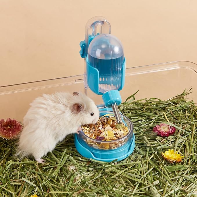 Hamster Water Bottle with Stand, 3.4 oz Water Dispenser with Food Bowl for Syrian Dwarf Hamster Mouse Rat Degu