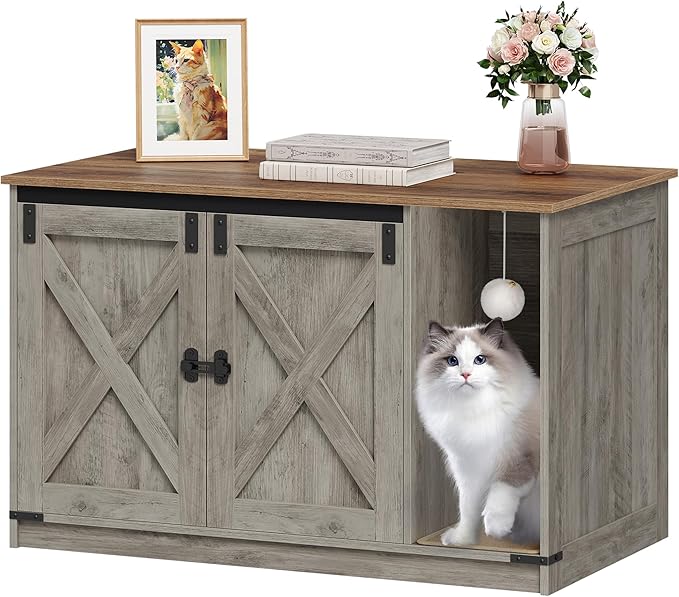 Hzuaneri Cat Litter Box Enclosure, Hidden Litter Box Cabinet Furniture with Bell, Indoor Cats House, Farmhouse Style, 39.4 x 21.7X 24.8 Inches, for Hallway, Bedroom, Greige CB85205X