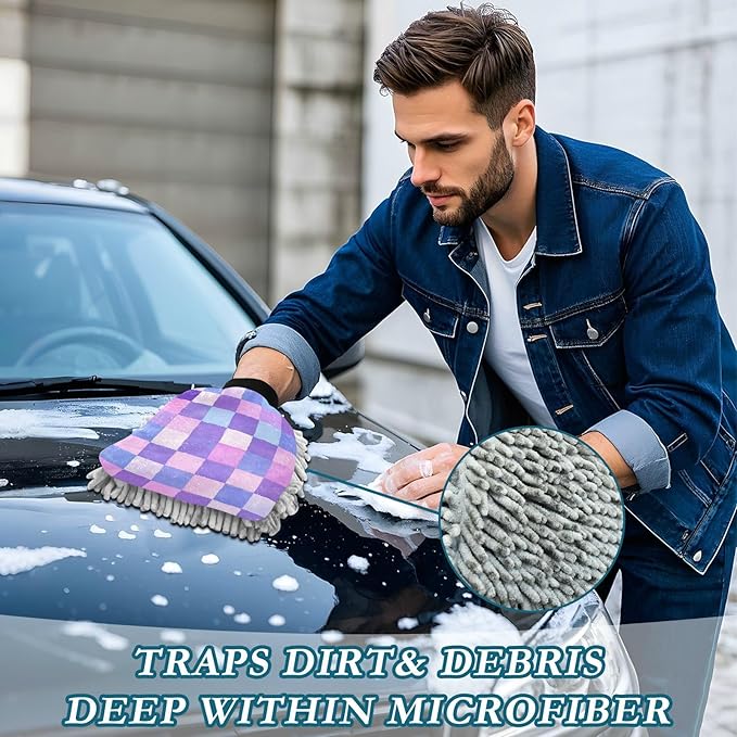 Car Wash Mitt Microfiber Wash Mitts for Car Washing Scratch-Free Cleaning Gloves Soft Non Absorbent Chenille Auto Hand Mitt Large 2Pack Purple Checkered