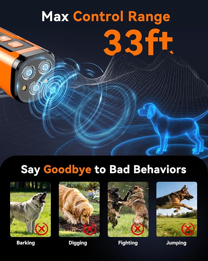 Dog Bark Deterrent Devices, 3X Ultrasonic Anti Barking Device for Dogs, 6 Modes Stop Neighbors Dog Barks No More Bark Control | 33 FT Range Indoors Outdoors with Flashlight, Safe & Humane Behavior Correct Training Device Compatible with Dog Fence