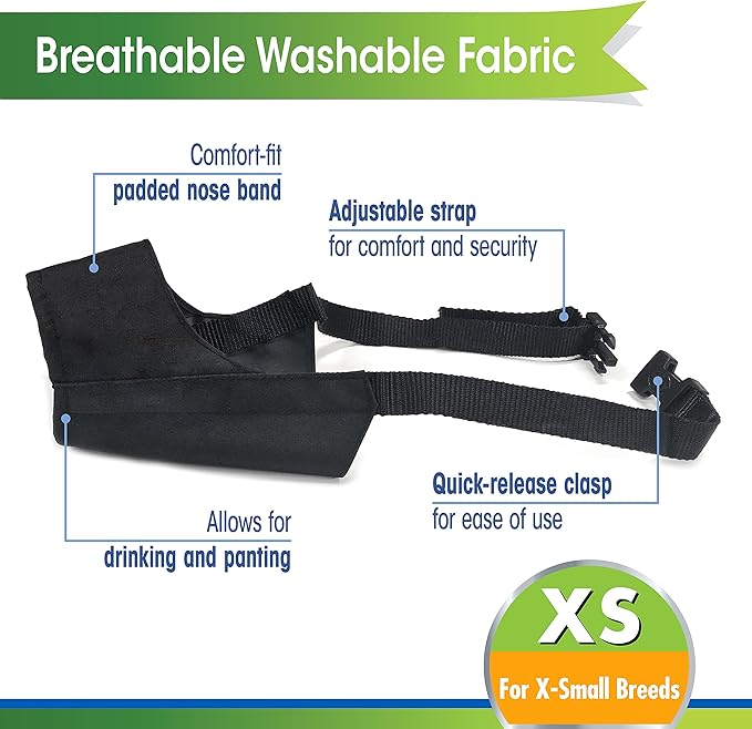 Four Paws Walk-About Quick-Fit Adjustable Dog Muzzle for X-Small Dogs, Washable & Breathable, Black, 1 Count