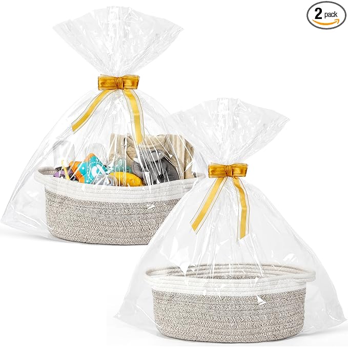 2 Pack Small Woven Basket with Gift Bags and Ribbons, Empty Decorative Gift Chest Box, Cute Baby Gift Basket for Nursery, Cotton Rope Room Shelf Storage Basket with Handles, All 12"x 8"x 5",Brown