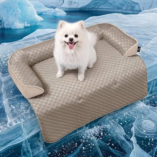 Medium Cooling Dog Bed Mat - 35 x 31 inch Waterproof Couch Cover for Dogs Washable, Non-Slip Bottom Self Cooling Mat for Dogs, Durable & Non-Gel, Dog Couch Bed for Sofa Floor Car, Taupe