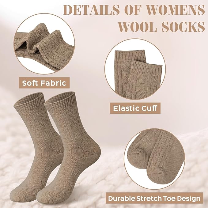 Justay 5 Pairs Womens Wool Socks Thick Warm Winter Socks Casual Cozy Socks Vintage Knit Crew Socks Gift for Women
