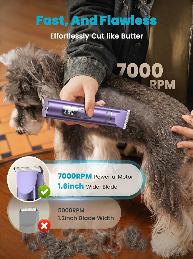 oneisall 4 in 1 Dog Grooming Kit with LCD Display, Dog Hair Trimmer for Paw Nail Grinder, Rechargeable Cordless Low Noise IPX7 Waterproof Pet Clippers Purple