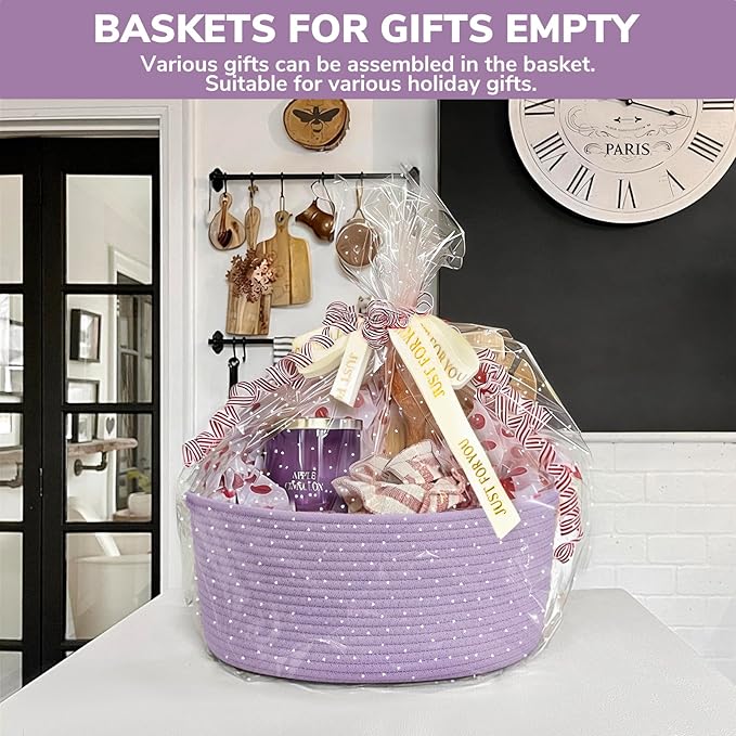 CHICVITA Small Woven Basket with Gift Bags & Ribbon Baskets for Gifts Empty, Rope Baskets for Organizing, Home Decoration for Kids,13.6"x 10" x 6", Purple