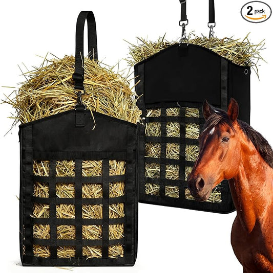 2 Pack Hay Bags for Horses,Goats,Sheep, Horse Hay Nets with Adjustable Straps, Large Top Opening Hook-and-Loop Seals, Durable Hay Feeder for Equine & Livestock