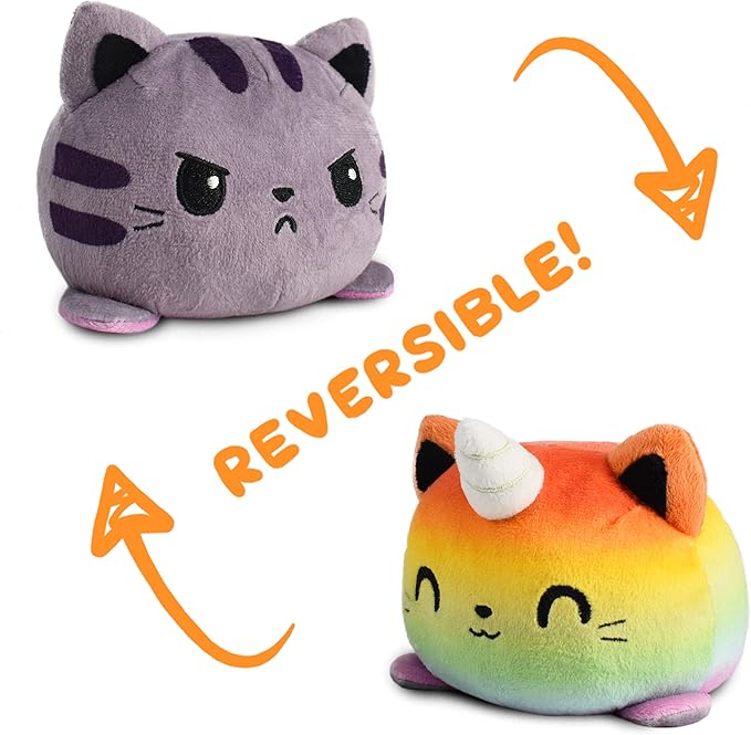TeeTurtle Reversible Cat/Kittencorn Plushie 4-Inch Gray Tabby/Rainbow Two-Sided Flip Plush Toy with Embroidered Details - Cute Mini Collectible Plush for Kids, Teens, and Adults