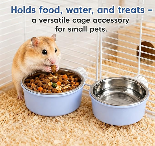 Small Pet Food & Water Bowl Feeder for Hamsters, Guinea Pigs, Rabbits | Secure cage bowl with removable stainless steel insert reduces spills, saves space, convenient daily feeding