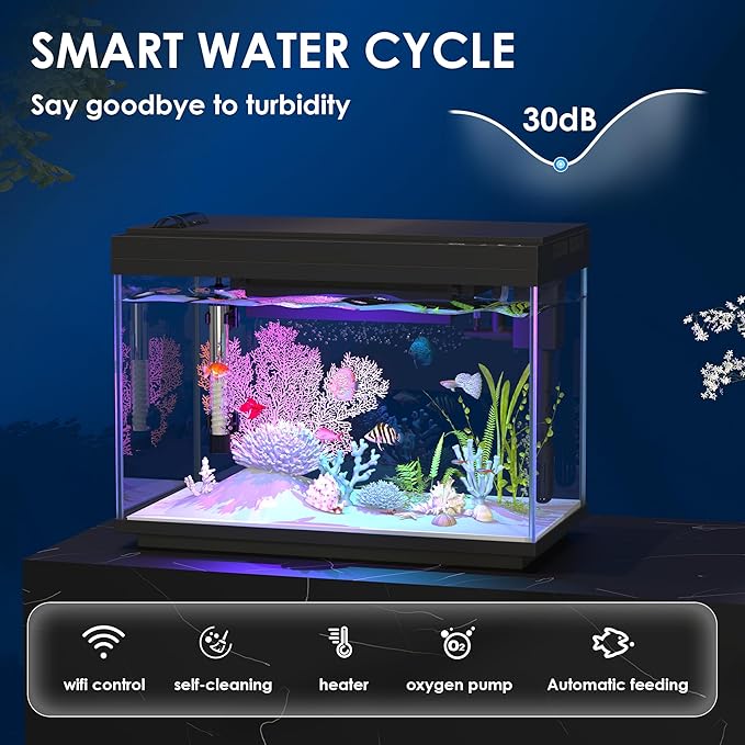 Smart Fish Tank Starter Kit with Smart Temperature Display & Wireless Control, 5.8 Fish Tank Self Cleaning, 3-in-1 Quiet Filter Pump, 7-Color LED, Heater, Feeder for Beginner Aquarium