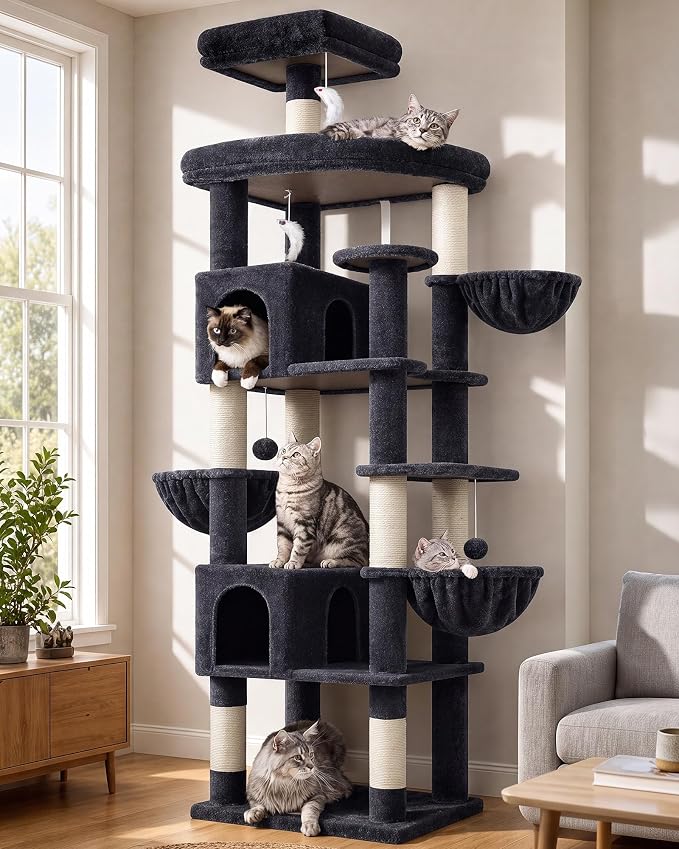 Globlazer Extra Large Cat Tree Tower, 82in Tall Heavy Duty Cat Tree for Indoor Cats Large Adult Big Cat Tower with 8 Scratching Posts, 2 Cat Condos, 2 Padded Perches, 3 Hanging Baskets, S82, Dark Gray