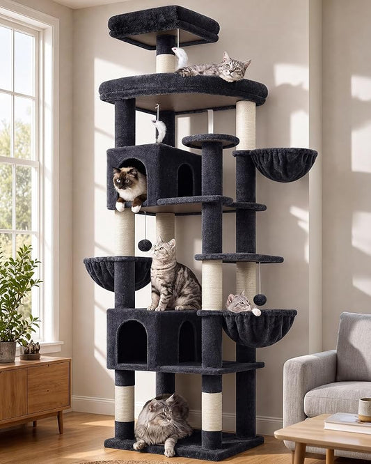 Globlazer Extra Large Cat Tree Tower, 82in Tall Heavy Duty Cat Tree for Indoor Cats Large Adult Big Cat Tower with 8 Scratching Posts, 2 Cat Condos, 2 Padded Perches, 3 Hanging Baskets, S82, Dark Gray