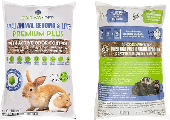 Coir Wonder Small Animal Bedding – 20 L –– Coco Chip Fiber Bedding Substrate for Guinea Pig, Hamster, Rabbit, Bunny Litter, Tortoise, Turtle, Reptile, Snake Habitat - Activated Charcoal Odor Control