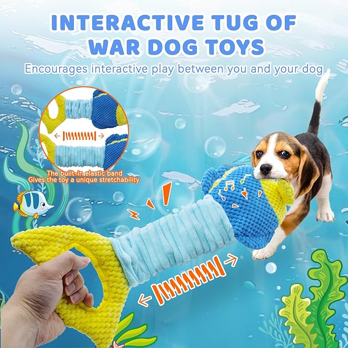 YZHDUXIU Tug of War Dog Toy, Squeaky Dog Toys, Interactive Fish Puppy Toys with Crinkle Paper to Keep Them Busy