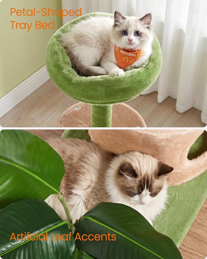 Feandrea Cat Tree, 42.9 Inches Tall Cat Tower, Multi-Level Plush Condo with Artificial Leaves, Scratching Posts, Grass Green and Camel Brown UPCT011C101S