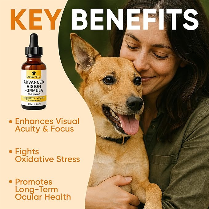 Aura Pets Advanced Vision Formula for Dogs, with Zeaxanthin, Astaxanthin, Lutein, Supports Vision and Overall Eye Health, Clears Debris, Reduces Cloudiness, 60ml