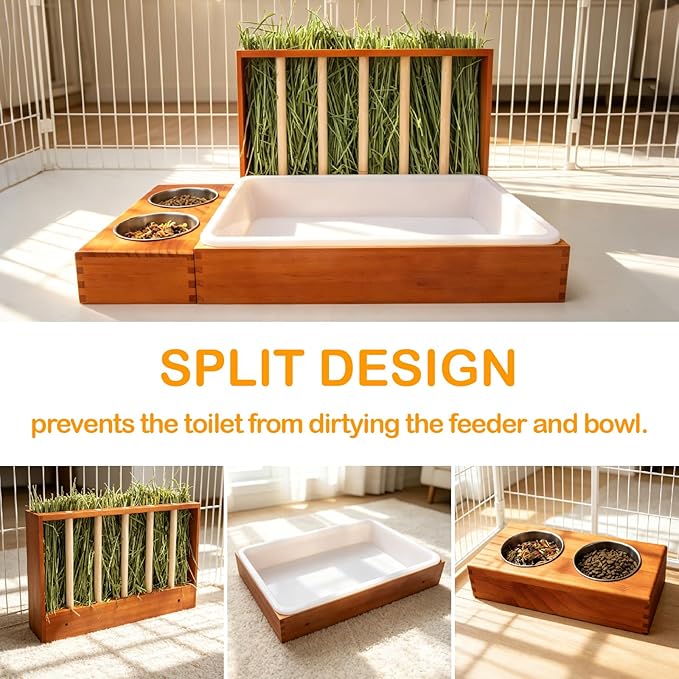 BESNEW 3-in-1 Rabbit Hay Feeder with Litter Box,Upgraded Rot Resistant Rreatment Wooden Hay Feeder with 2 Bowls & Litter Box for Guinea Pigs,Chinchillas,Rabbits & Other Small Animals,Waste Prevention