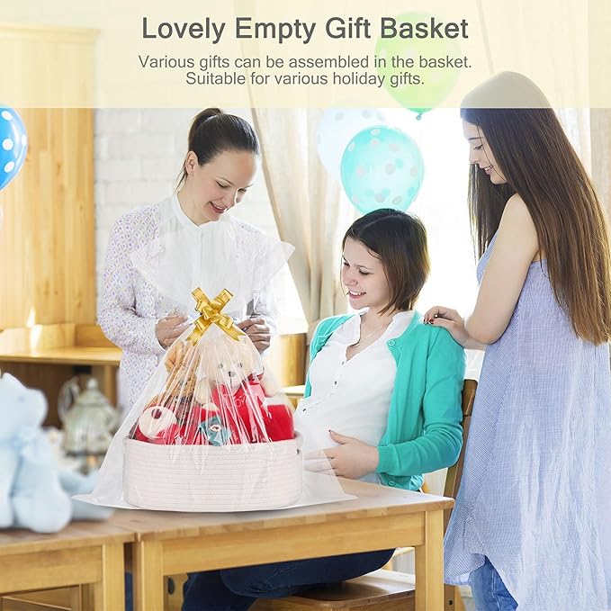 Small Woven Basket with Gift Bags and Ribbons, Empty Baby Gift Baskets for Kids Women Men, Shelf Storage, Small Cat Dog Pet Toy Boxes, 13”x 9”x 5.5”, White