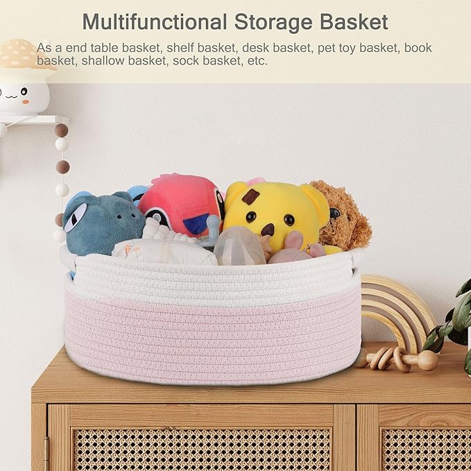 Small Woven Basket with Gift Bags and Ribbons, Empty Baby Gift Baskets, Shelf Storage, Small Cat Dog Pet Toy Boxes, 13”x 9”x 5.5”, Light Pink