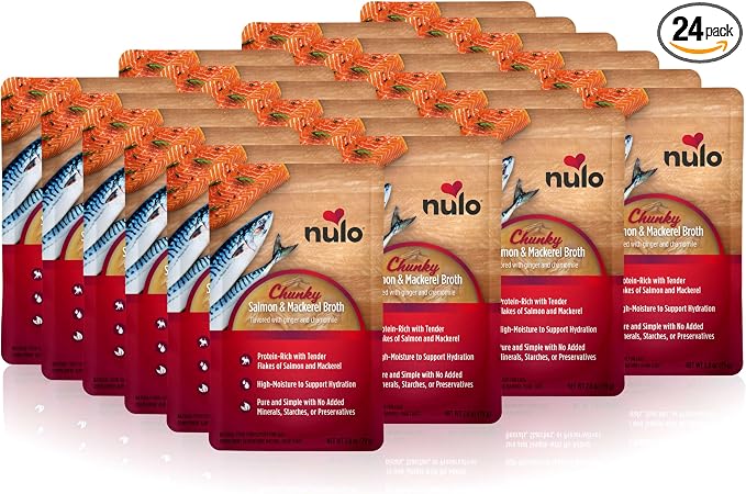 Nulo FreeStyle Cat Broth Pouches, Chunky Salmon & Mackerel, High-Protein Wet Cat Food Topper Treat for Indoor & Outdoor Kittens and Adults, 24 x 2.8oz