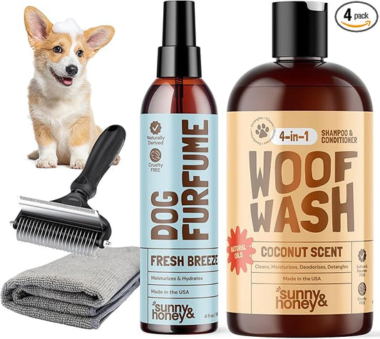Sunny & Honey Dog Grooming Kit & Shampoo Bundle Pack - 16 oz Coconut Honey Shampoo & Conditioner Set - 8 oz Breeze Dog Deodorizing Spray - Deshedding Brush - Microfiber Towel