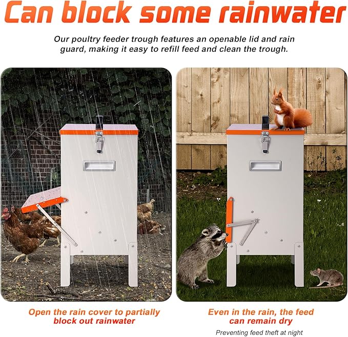 30lbs Automatic Chicken Feeder and Duck Feeder for Outside, Metal Chicken Feeders No Waste, Large Poultry Feeder for Chickens, Ducks, Geese, Pigeons, Dogs, Cats (Orange)