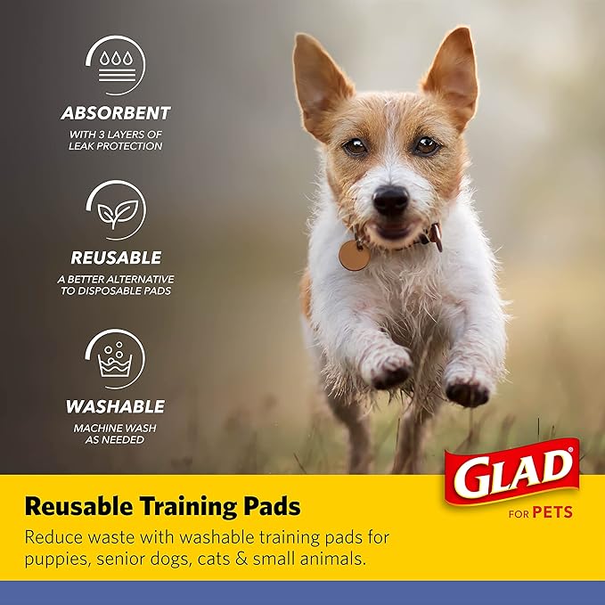 Glad for Pets Washable Dog Pee Pads, Small, 18 x 24 Inches, 2 Count, Gray with Paw Prints, 3-Layer Leak Protection, No-Slip Vinyl Bottom, Reusable Puppy Training Pads
