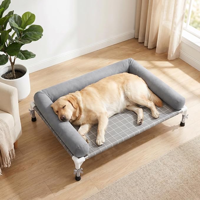 Heavy Duty Elevated Dog Bed with Bolster - 39"x27" Raised Pet Cot for Large Dogs, 0.5mm Stainless Steel Frame Double-Layer Canvas Portable Dog Sofa for Outdoor and Camping