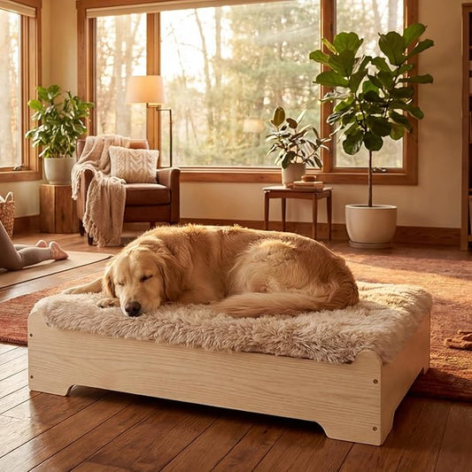 Elevated Wooden Dog Bed with Supportive Cushion & Washable Cover, Sturdy Noise-Free Frame, Furniture-Style Indoor Design, XL Size Dog Bed for Large Dogs, Natural Wood Finish