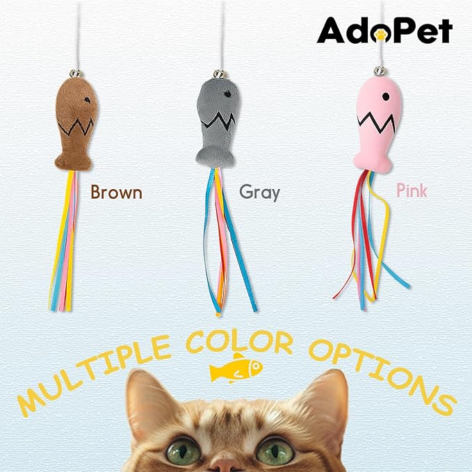 3PCS Interactive Cat Wand Toy with Plush Fish & Colorful Ribbon Tails – Engaging Play and Exercise Teaser Stick for Indoor Cats and Kittens (Brown, Gray, Pink)