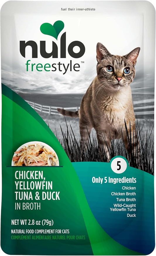 Nulo Freestyle Cat & Kitten Wet Cat Food - Chicken, Tuna & Duck in Broth, Grain-Free, High Protein Soft Food Topper Treat, 2.8oz Pouches (Pack of 24)