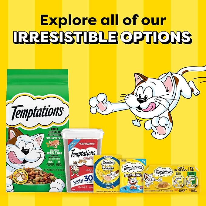 Temptations Bites in Gravy Adult Wet Cat Food Tasty Chicken Entree, Seafood Medley, Backyard Cookout, and Catnip Fever, 3.5 oz. Trays (24 Count, Pack of 1)