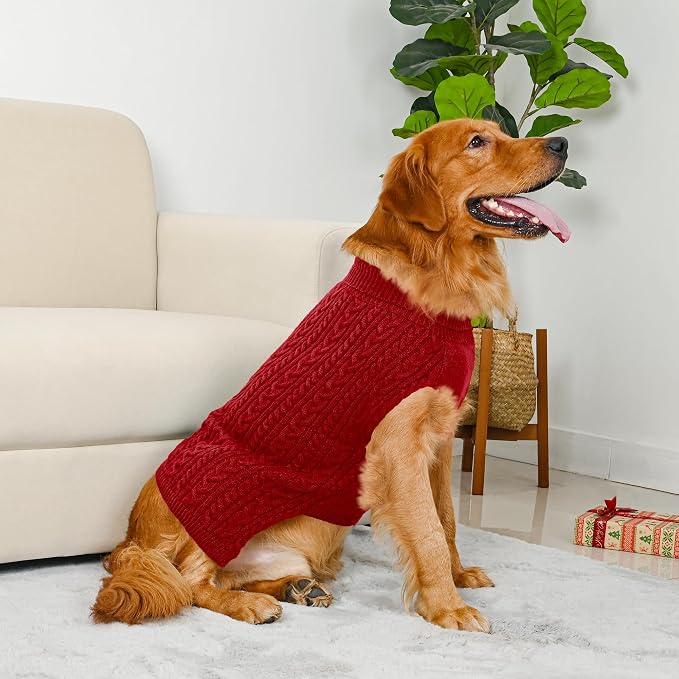 Dog Sweater 2 Pack for Large Dogs, Size XXL, Pink & Red | Stretchy cable knit turtleneck, machine washable, high belly cut, comfy winter fit for Golden Retriever, Labrador